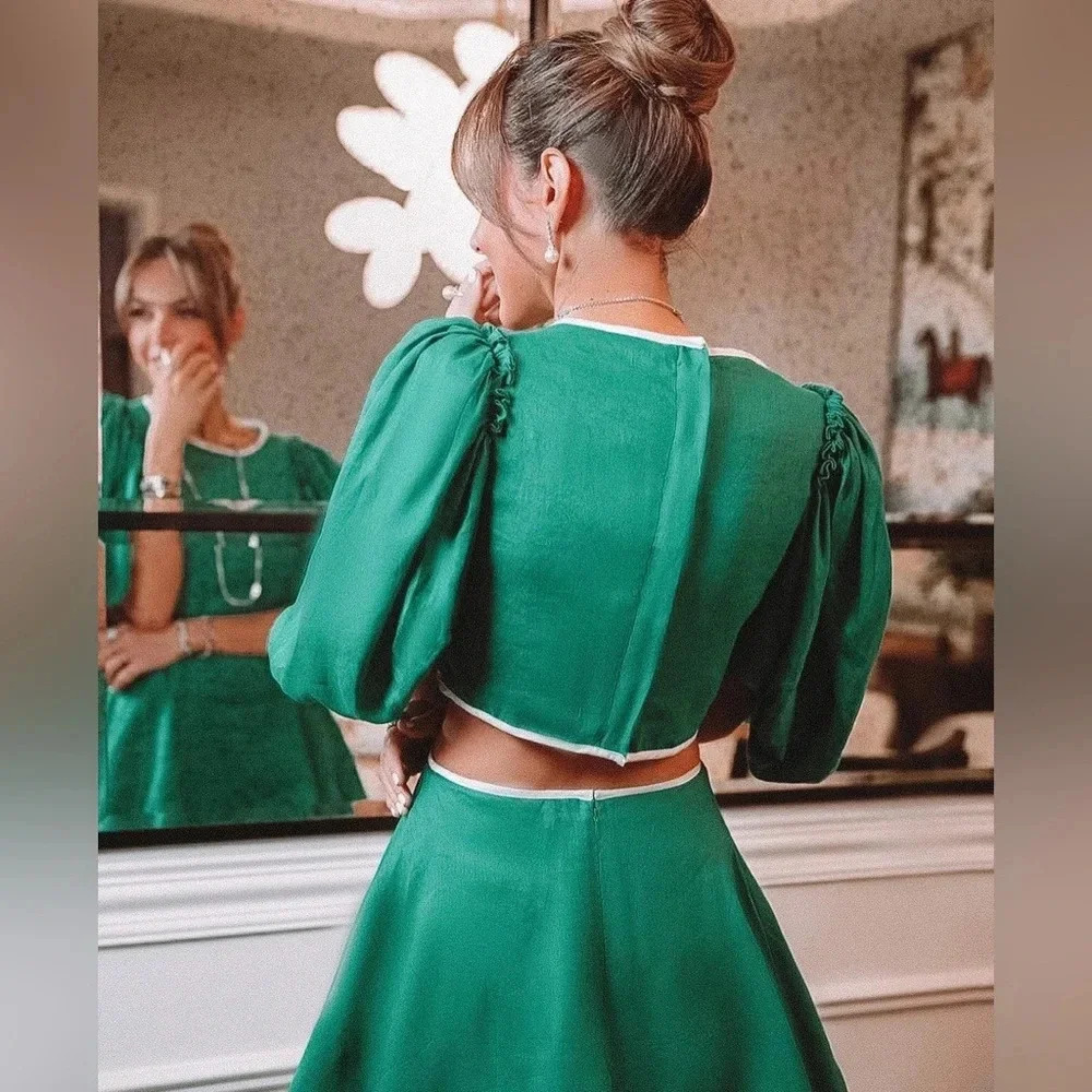 NWT MACKENZIEMODE Puff Sleeve Tiered Maxi Dress in Emerald Size 8 - Picture 2 of 16
